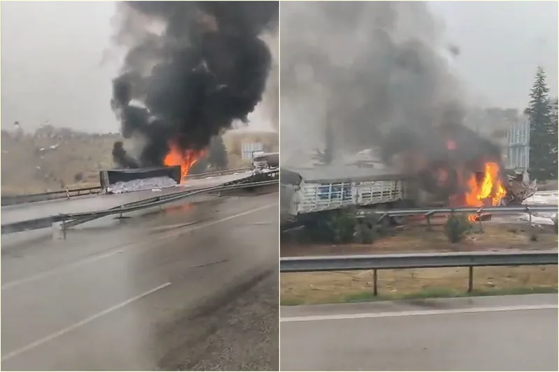 Gaziantep zincirleme kaza: 3 tır yandı