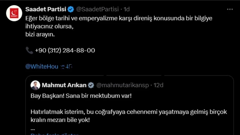 Saadet Partisi Genel Başkanı Mahmut Arıkan’dan Trump’a Mektup: 
