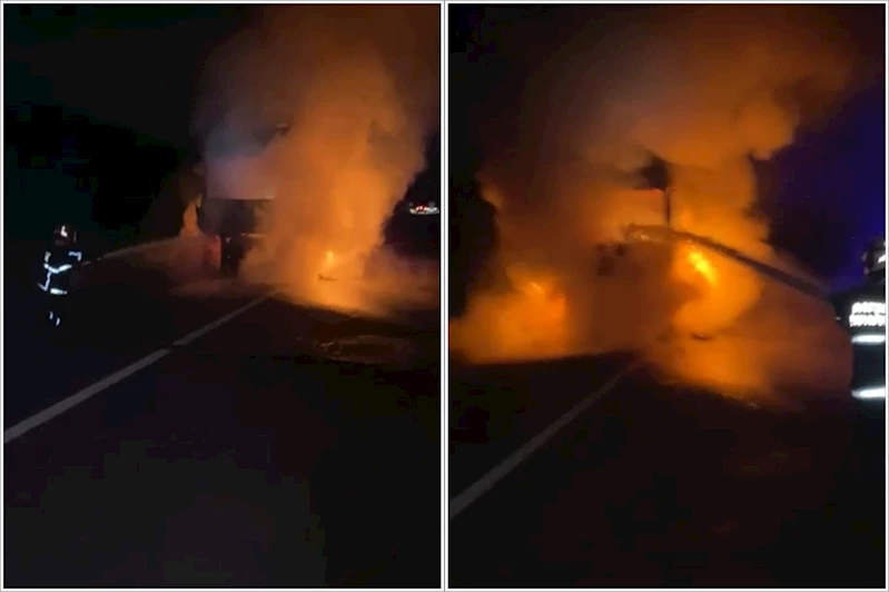 Seyir halindeki tır yanarak kullanılamaz hale geldi