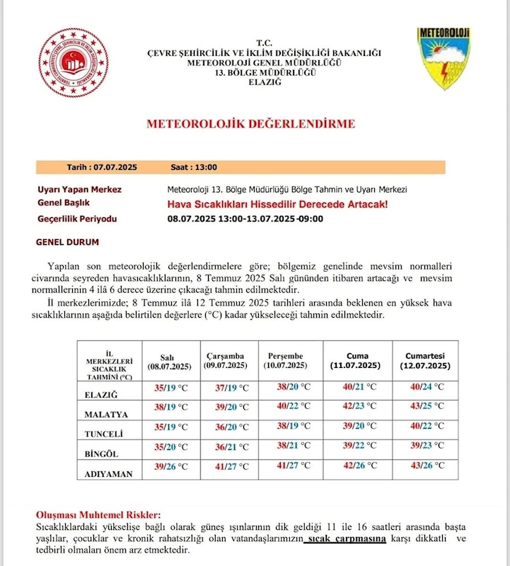 Güneydoğu’da kavurucu sıcaklık alarmı: Adıyaman ve çevresinde 43°C’ye varan hava sıcaklıkları bekleniyor 