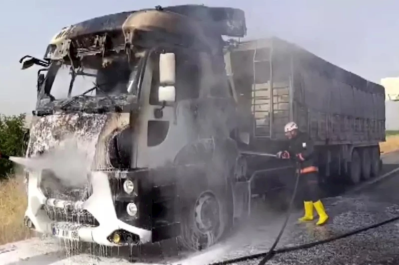 Şanlıurfa’da seyir halindeyken alev alan tır kullanılamaz hale geldi